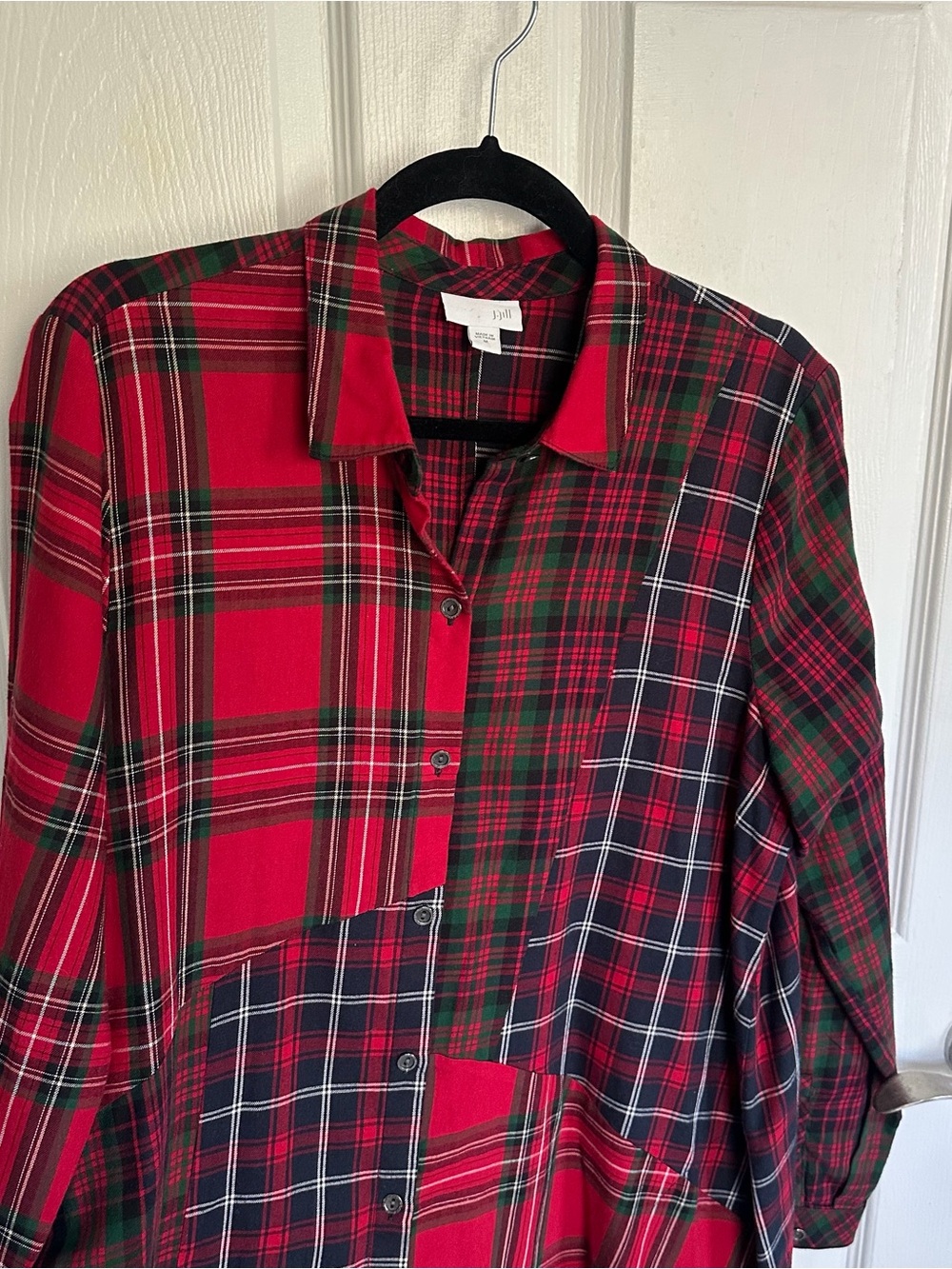 J. Jill Red and Green Plaid Patchwork Button-Down Shirt Women’s M Asymmetrical - Picture 3 of 6